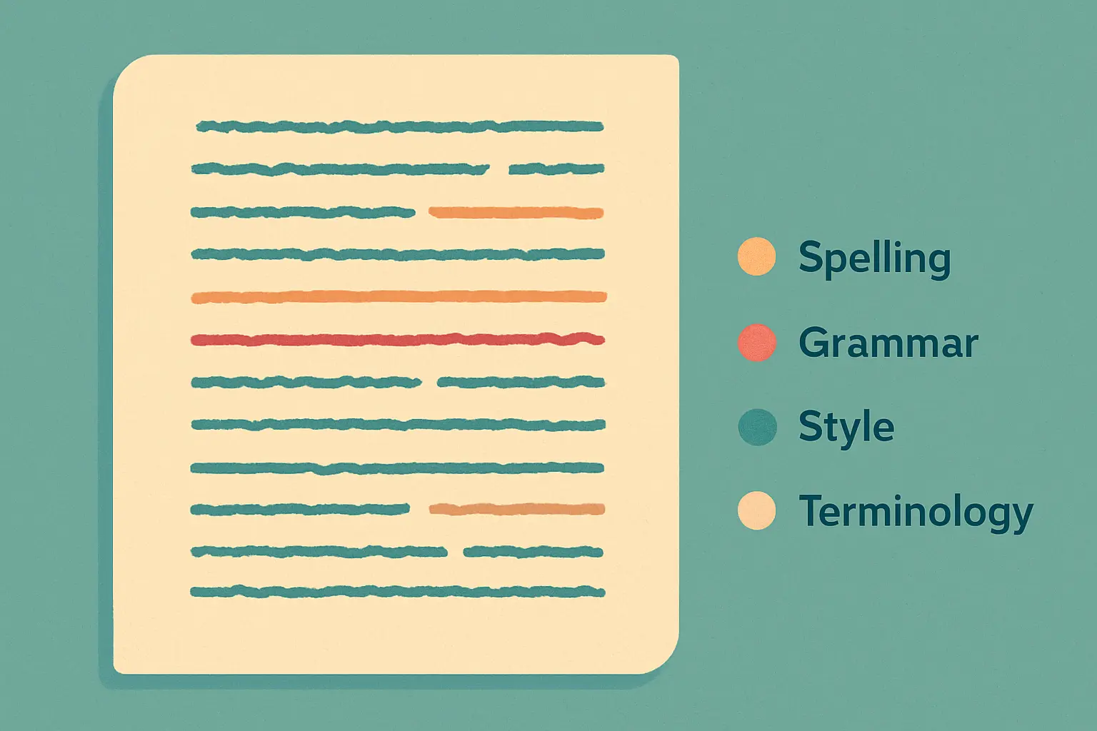 Página de manuscrito con cuatro tipos de marca de corrección diferenciados por color