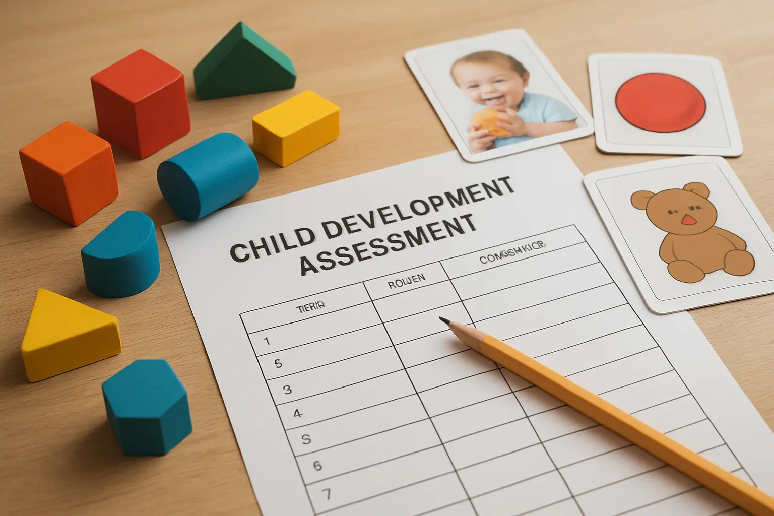 Materiales de evaluación TEPSI: bloques, láminas y hoja de registro sobre una mesa de jardín infantil