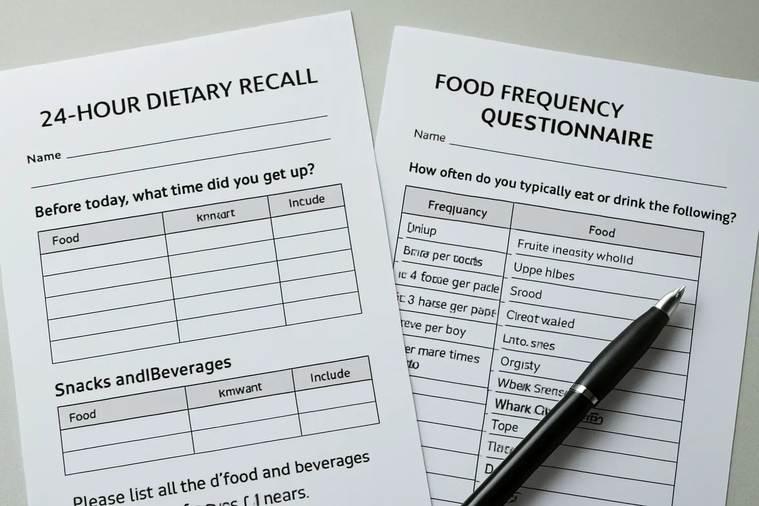 Recordatorio de 24 horas y cuestionario de frecuencia alimentaria sobre un escritorio para una tesis de Nutrición