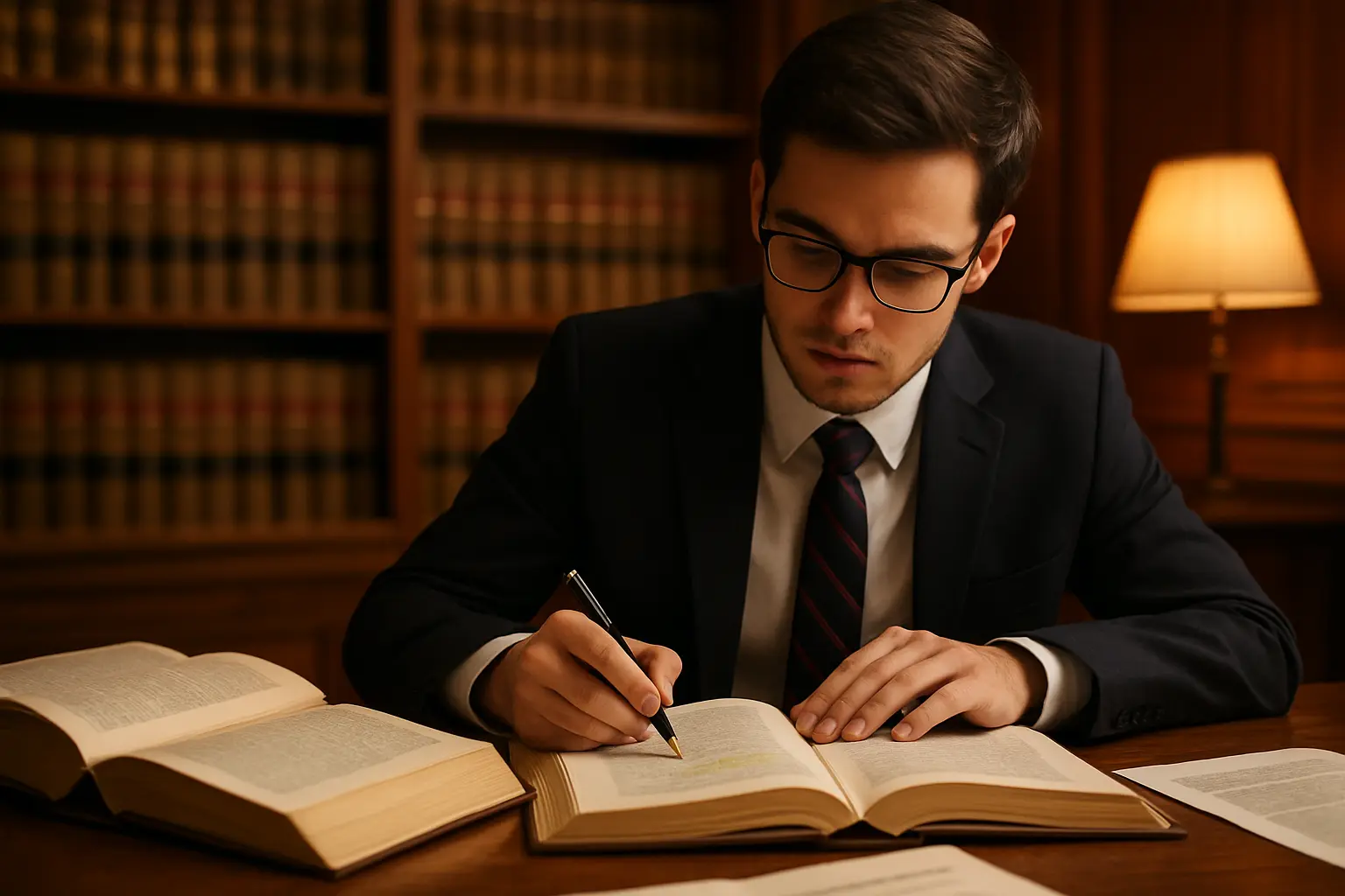 Estudiante de Derecho analizando códigos y sentencias sobre un escritorio de madera