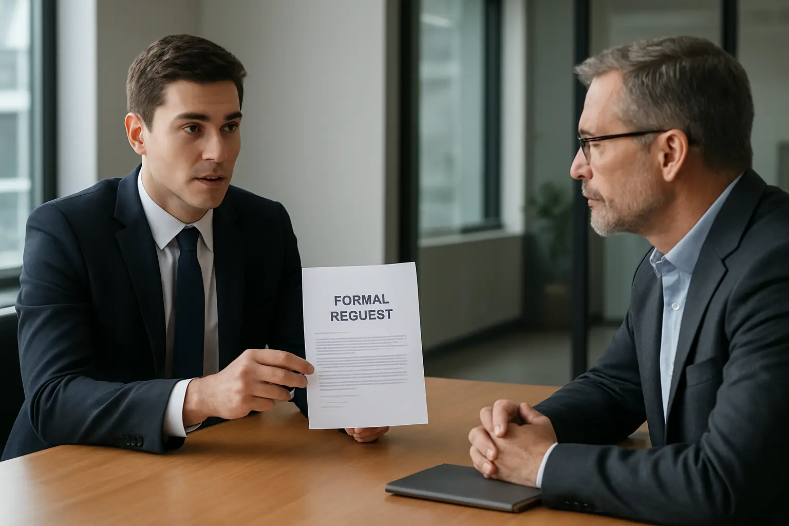Estudiante de Contabilidad en una reunión con un gerente de empresa presentando una solicitud de acceso para su memoria