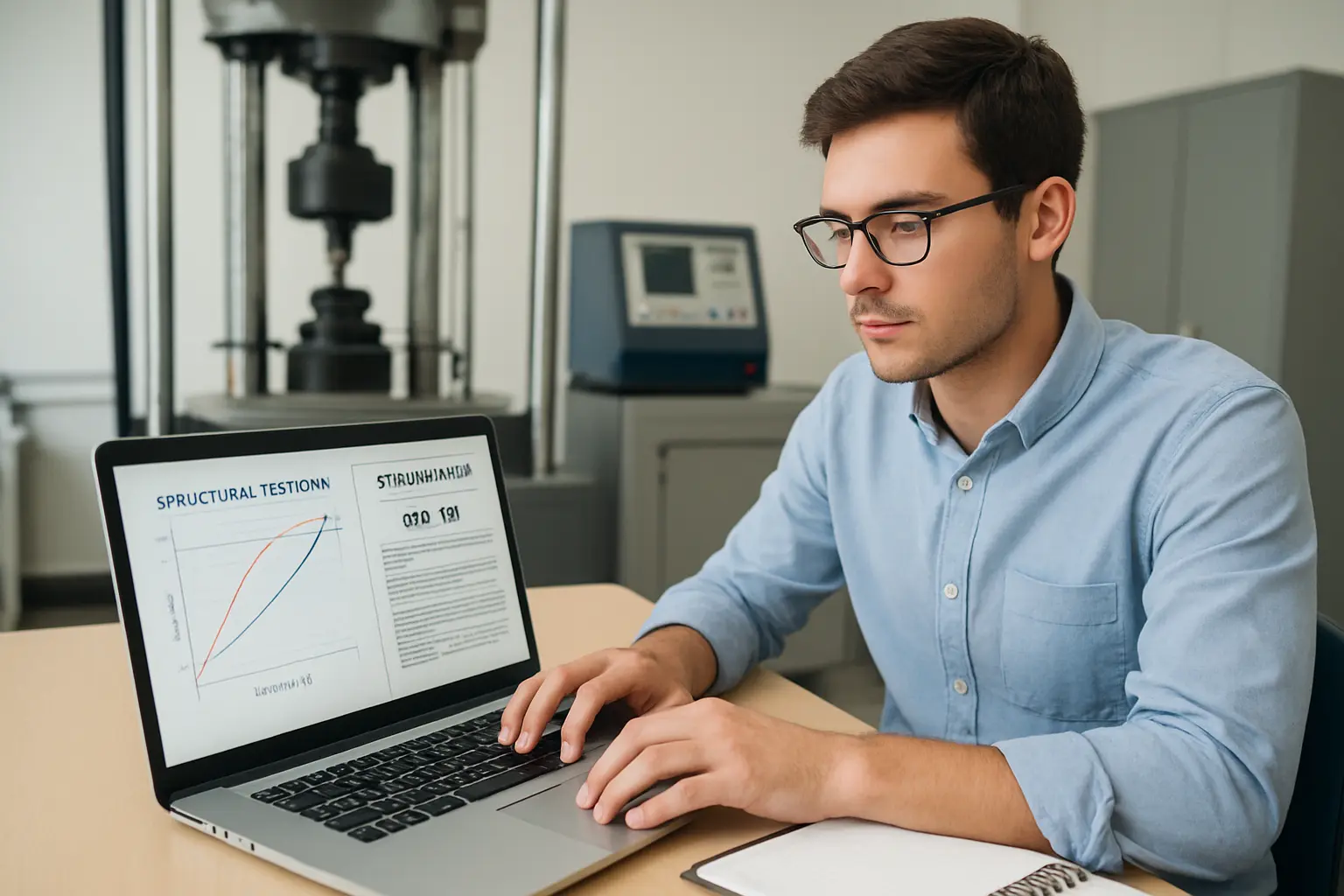 Estudiante de Ingeniería Civil comparando resultados de un ensayo estructural con estudios previos en una mesa de laboratorio