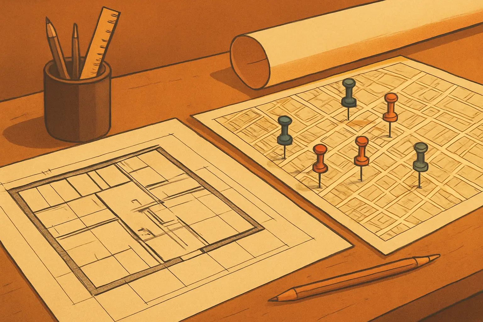 Mesa de trabajo con planos de arquitectura, mapas y datos catastrales para una tesis