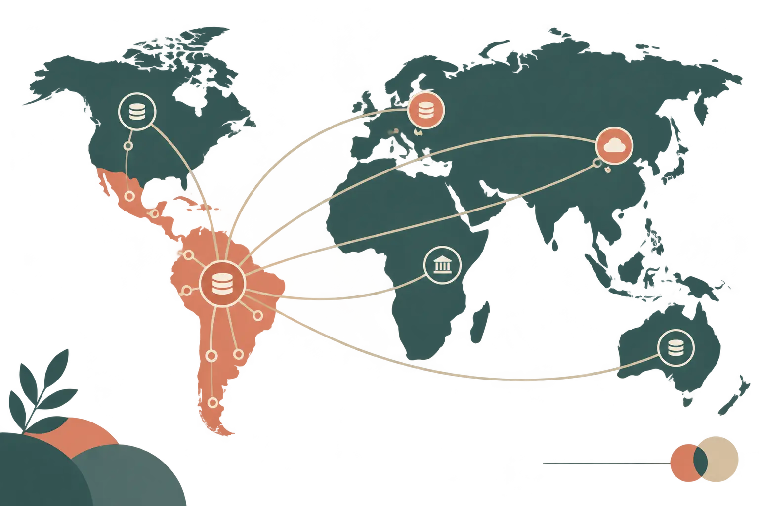 Ilustración de una red de acceso abierto que conecta revistas científicas latinoamericanas con bases de datos internacionales