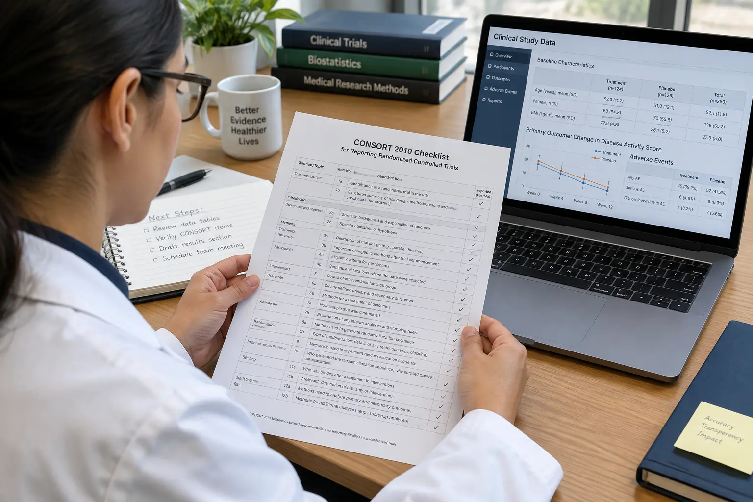 Estudiante de Medicina redactando el capítulo de metodología de su tesis con una ficha clínica y una guía de reporte impresa sobre el escritorio