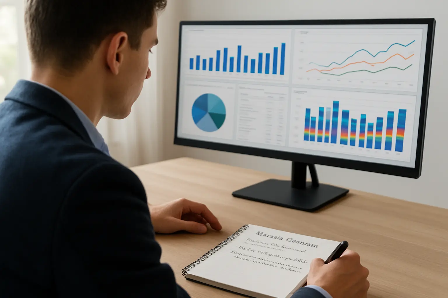 Estudiante de Ingeniería Comercial analizando tendencias de transformación digital e IA en gráficos y paneles de datos