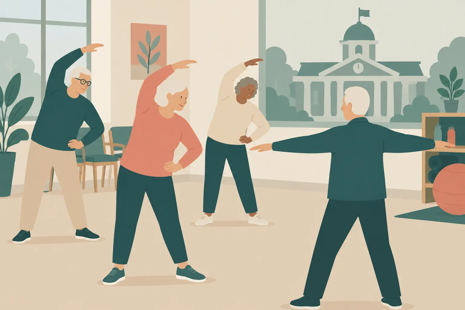 Ilustración de un grupo de adultos mayores participando en actividad física en un club municipal