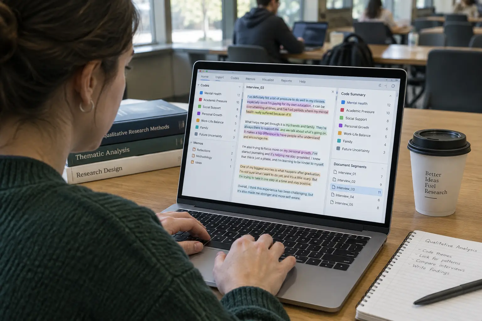 Estudiante organizando categorías de análisis de discurso en un software de análisis cualitativo
