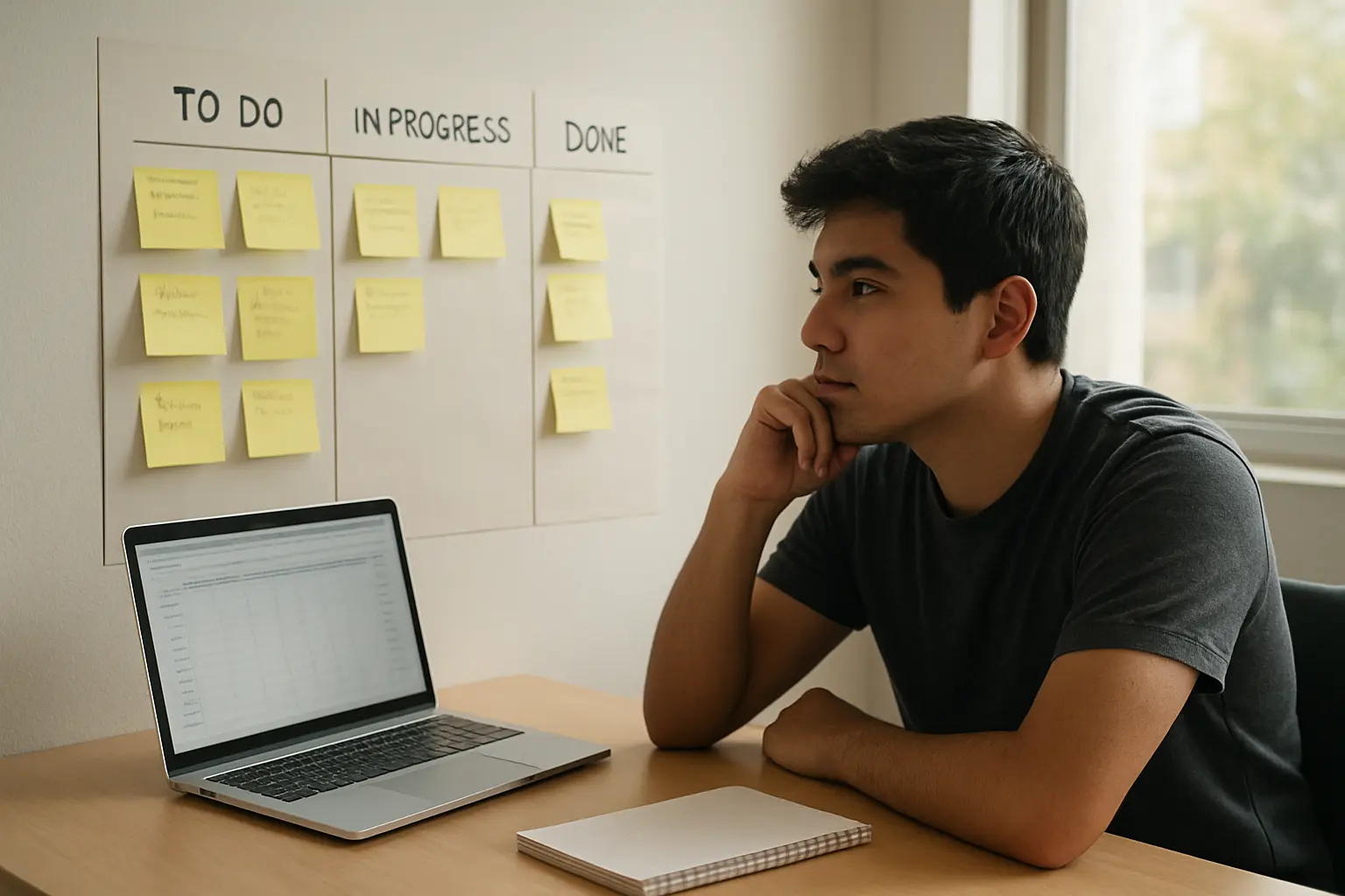 Estudiante de Ingeniería Informática revisando en pantalla el tablero de historias de usuario junto a la matriz de consistencia de su memoria