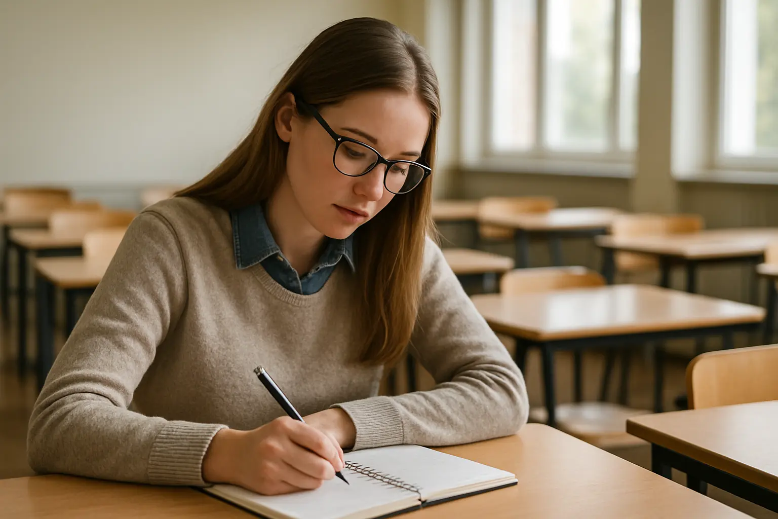 Estudiante de Pedagogía en práctica observando y tomando notas en una sala de clases sobre un problema pedagógico