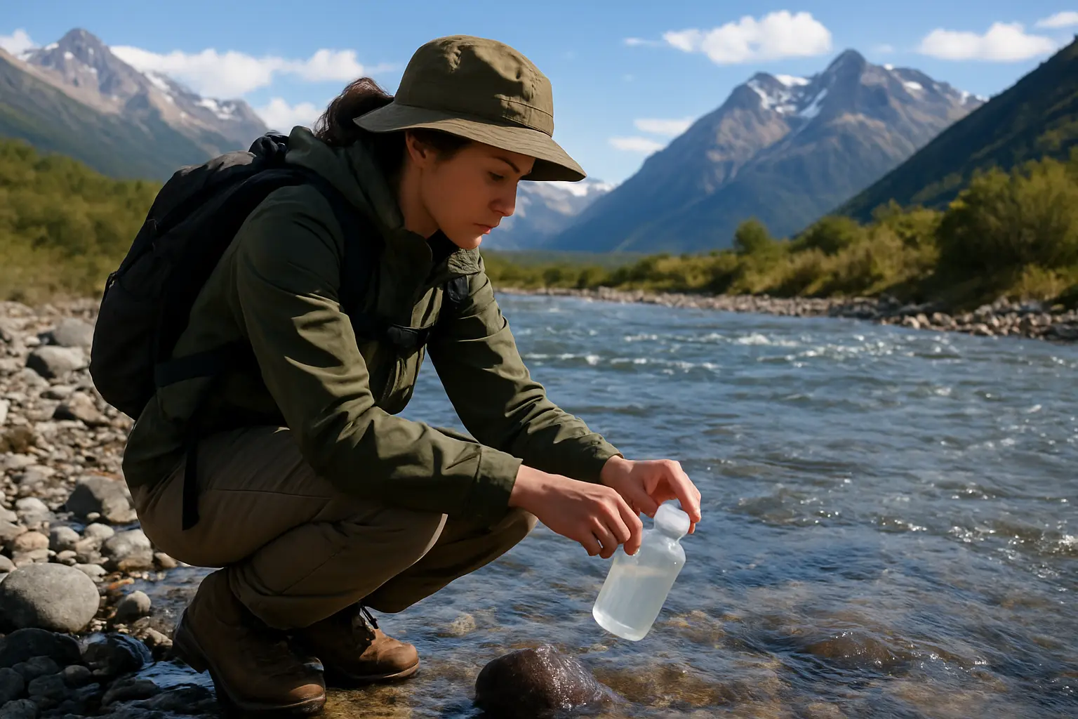 Estudiante de Ciencias Ambientales tomando muestras de agua en un río chileno para su tesis
