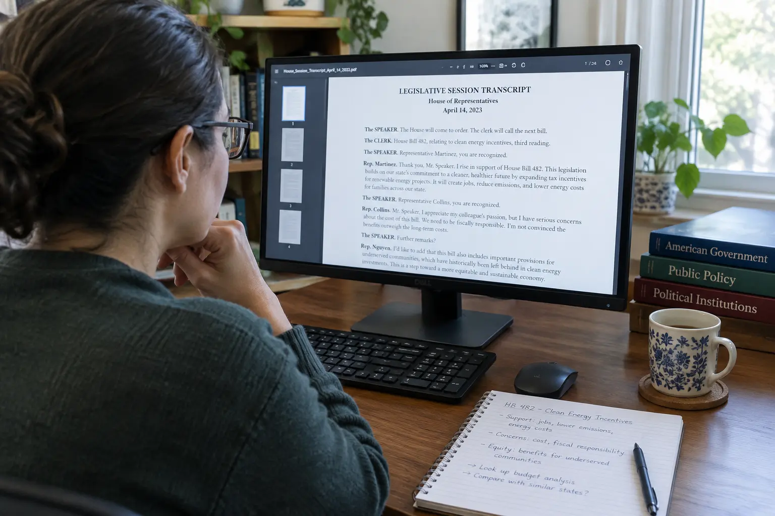 Investigador revisando la versión taquigráfica de una sesión del Congreso Nacional de Chile en pantalla junto a notas de categorías de análisis