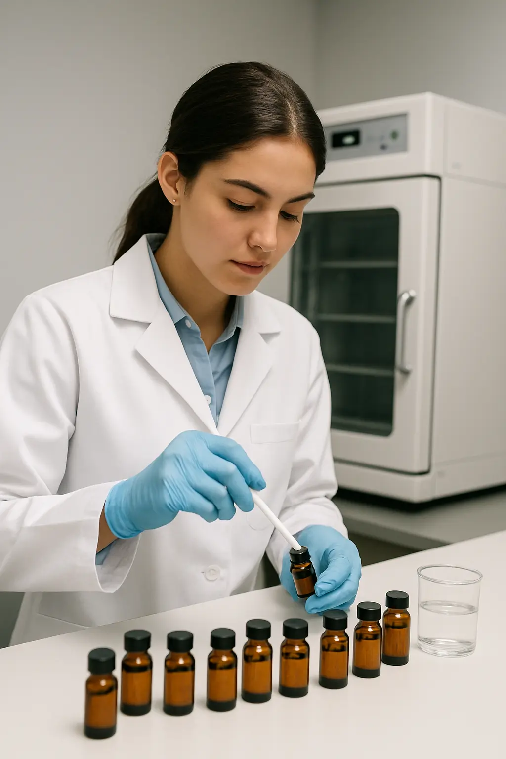 Estudiante de Farmacia preparando muestras de formulación en un laboratorio para su tesis
