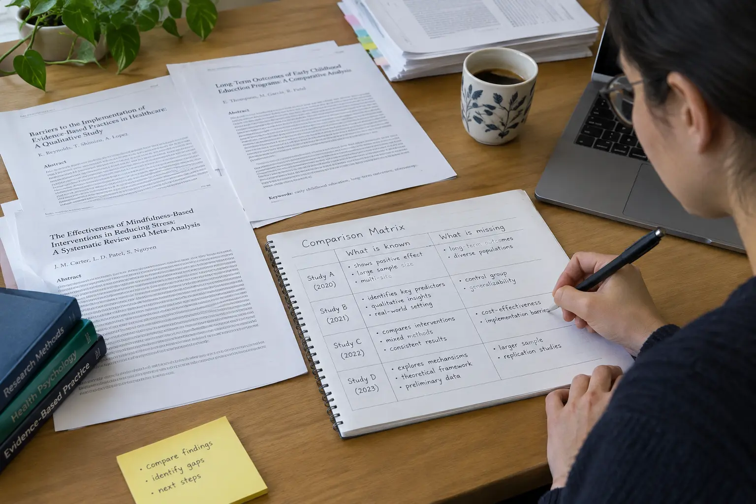 Estudiante de Educación Diferencial revisando literatura sobre el Programa de Integración Escolar para identificar un vacío de investigación
