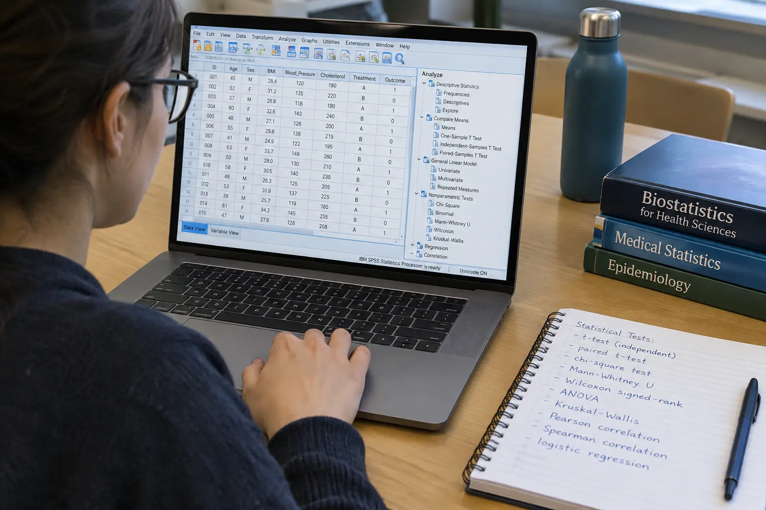 Estudiante eligiendo la prueba estadística correcta para cada objetivo de su tesis de Medicina usando software de análisis