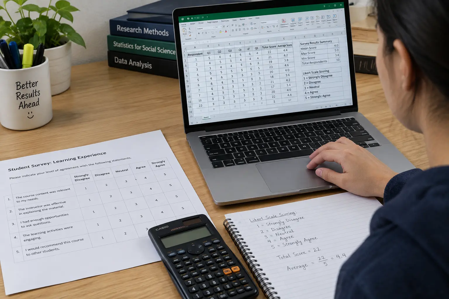 Estudiante calculando el puntaje promedio por dimensión de una encuesta de satisfacción del cliente