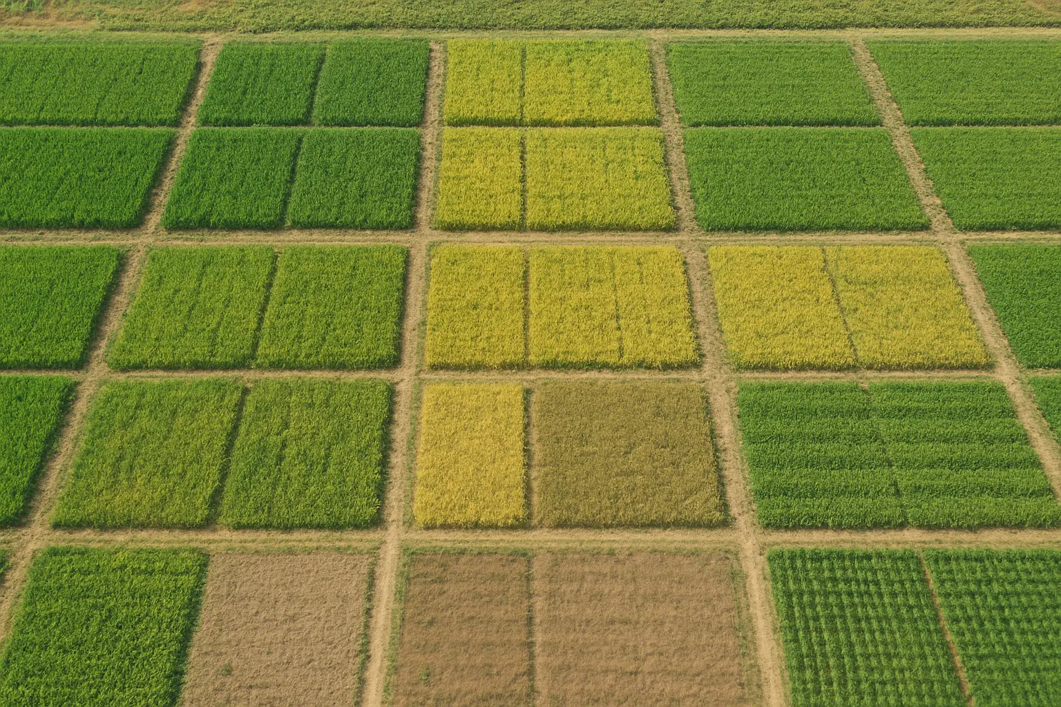 Vista aérea de parcelas experimentales organizadas en bloques para un ensayo agronómico