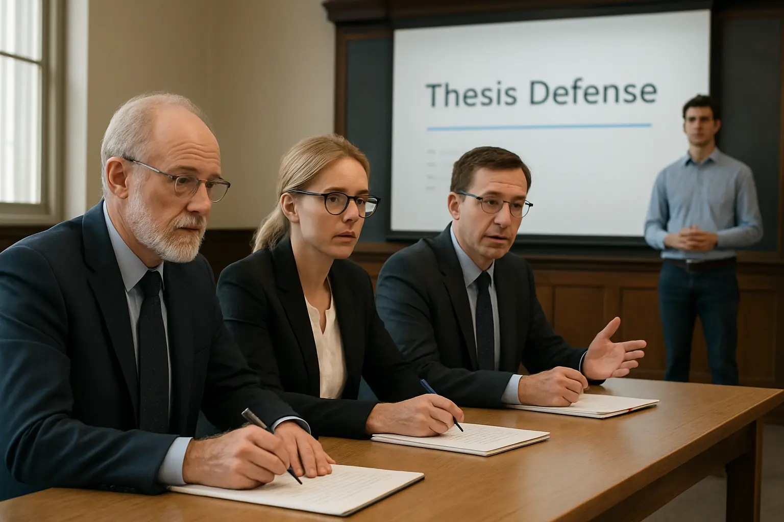 Comisión evaluadora haciendo preguntas técnicas durante la defensa de una tesis de Ingeniería Informática