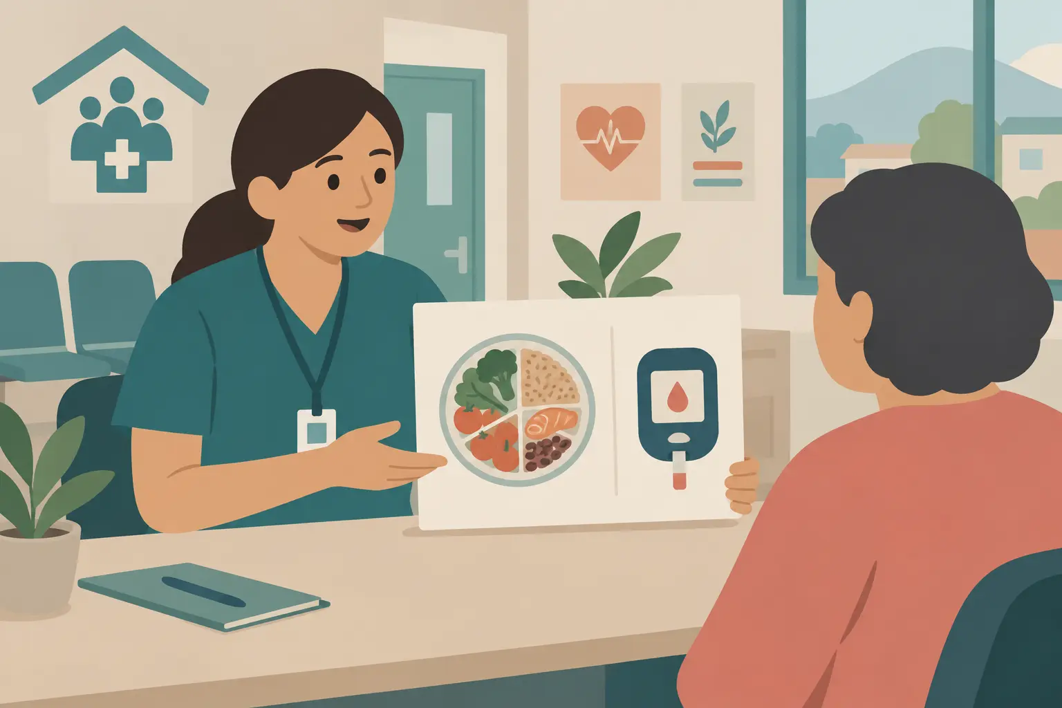 Ilustración de una enfermera educando a un paciente sobre autocuidado en un CESFAM