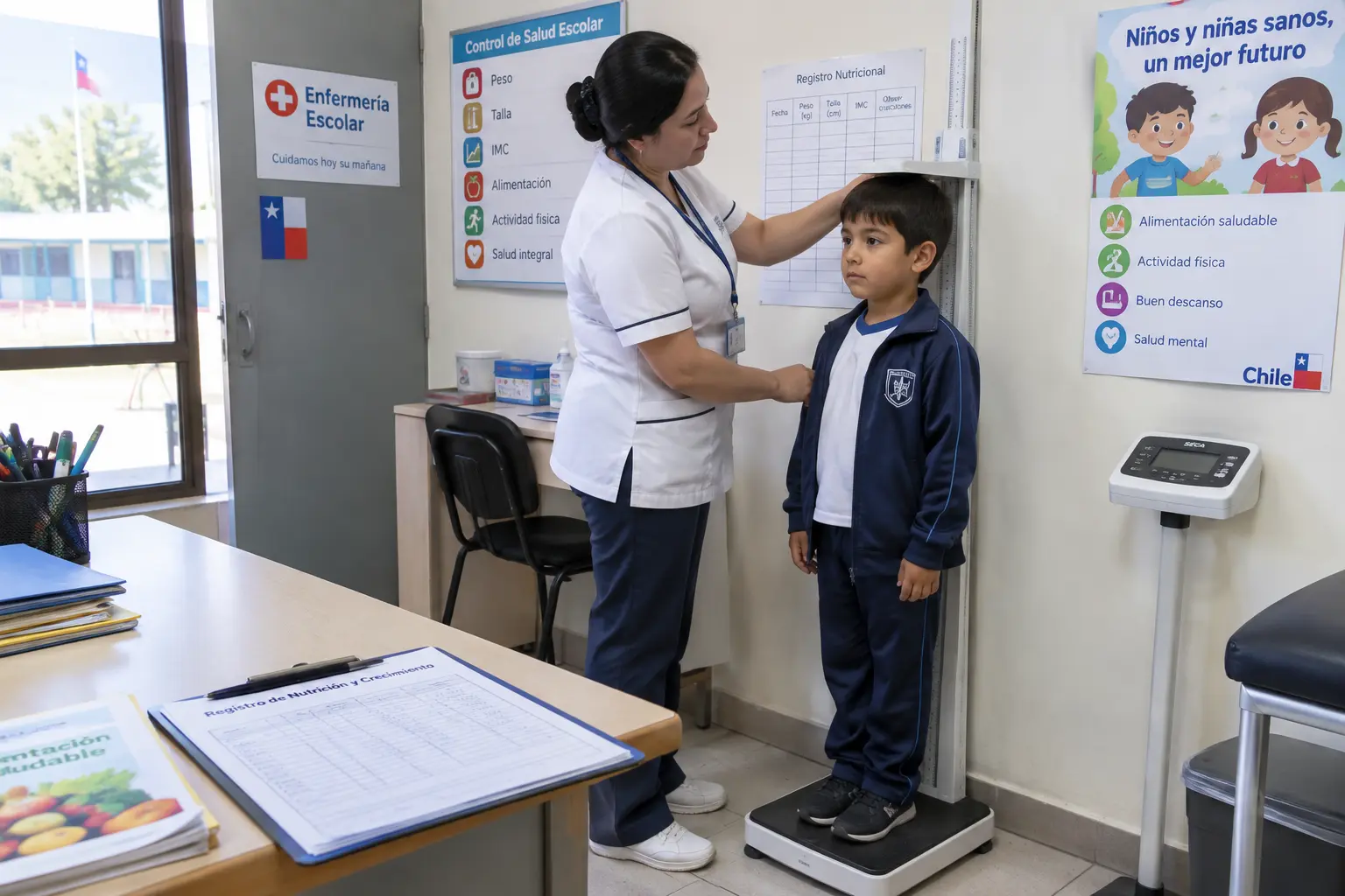Enfermera escolar registrando datos de salud y nutrición de un escolar en un establecimiento educacional chileno