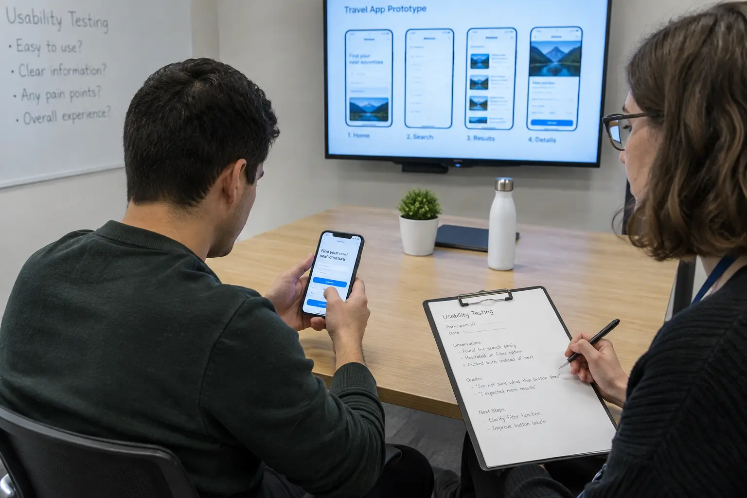 Diseñador documentando el proceso de un estudio de caso de producto con bocetos, prototipos y notas de evaluación con usuarios