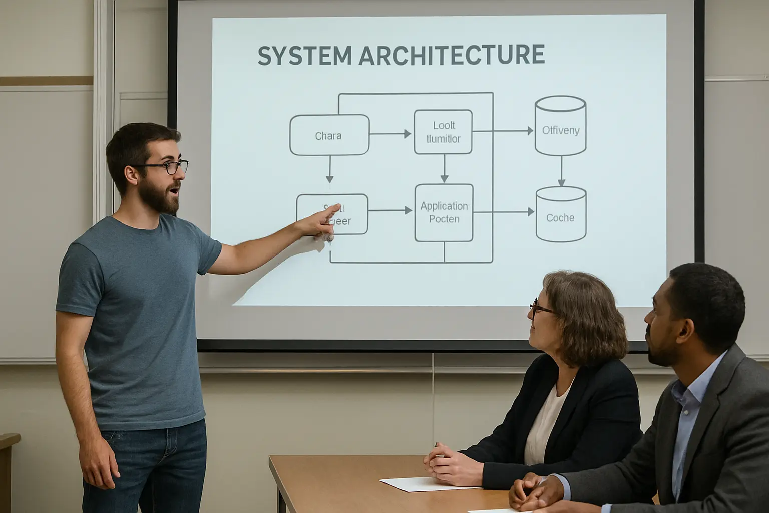 Estudiante de Ingeniería Informática presentando el diagrama de arquitectura de su sistema ante la comisión evaluadora