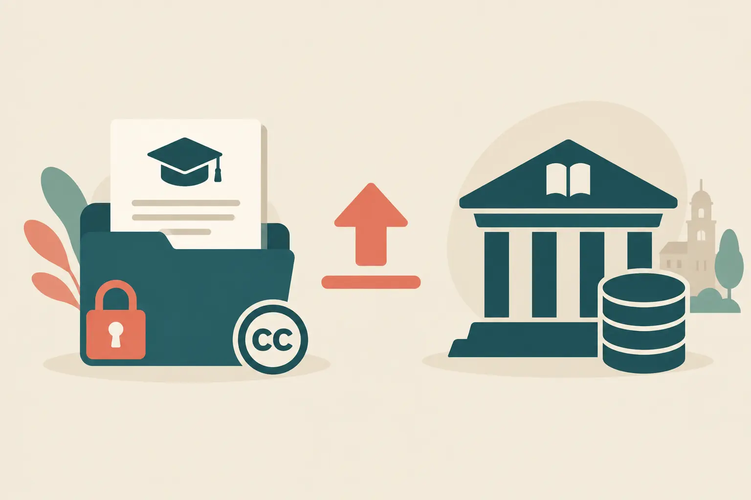 Ilustración del proceso de depósito y licenciamiento de un trabajo de titulación en un repositorio académico universitario