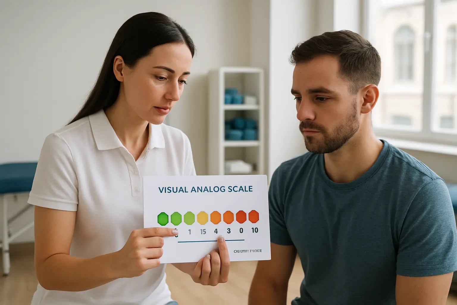 Kinesiólogo midiendo el dolor de un paciente con escala visual análoga en un estudio clínico