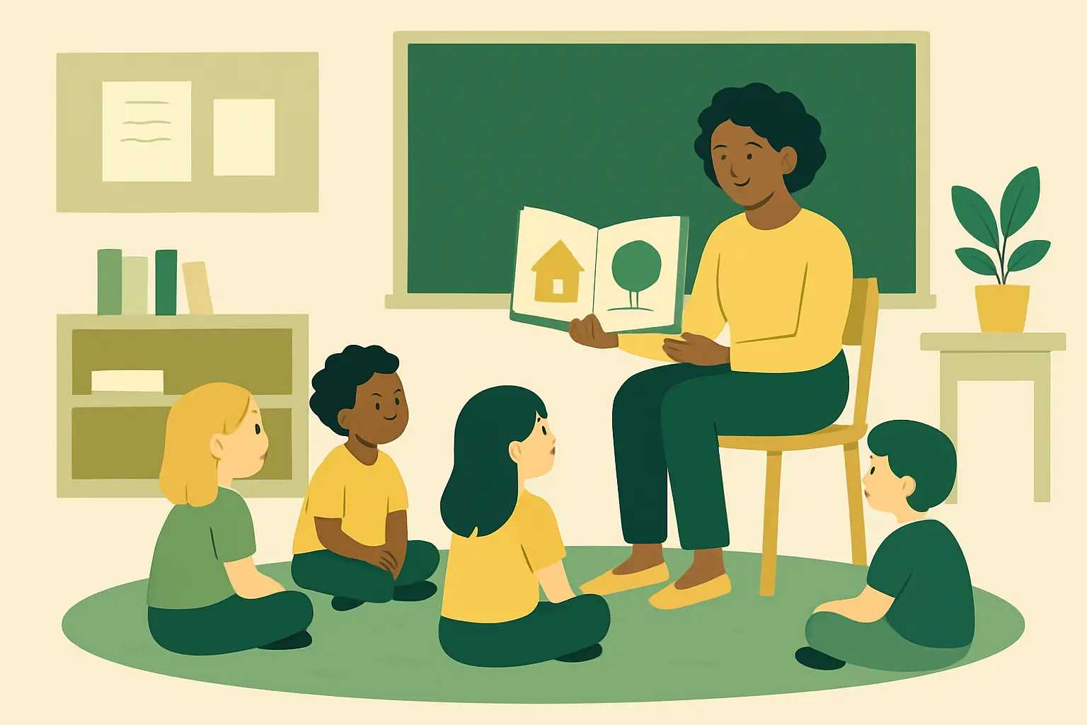 Docente aplicando un programa de lectura compartida con estudiantes de segundo básico en una sala de clases
