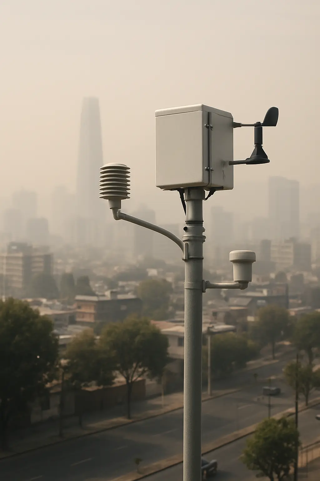 Estación de monitoreo de calidad del aire SINCA en una ciudad chilena