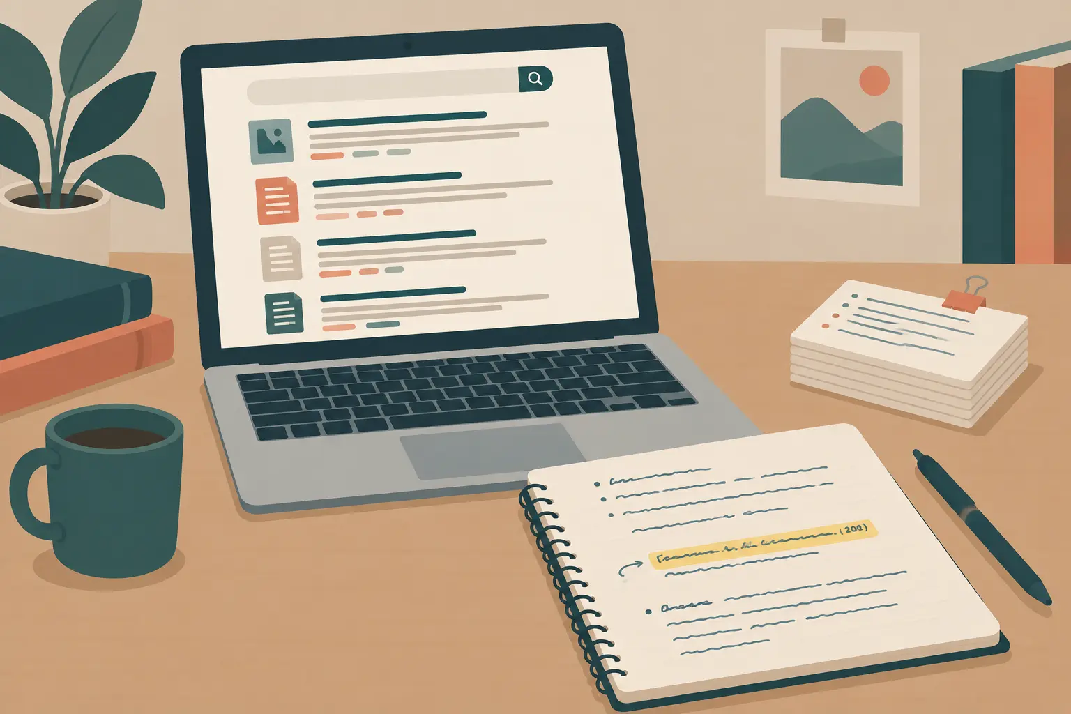Ilustración de un estudiante registrando referencias bibliográficas encontradas en bases de datos académicas