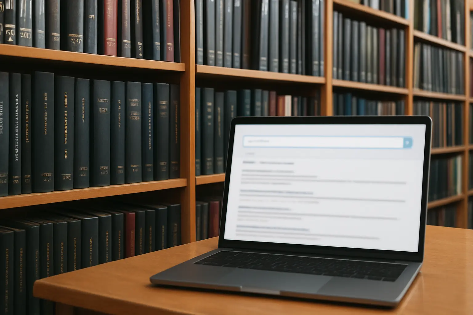 Estantería de memorias de título empastadas en una biblioteca universitaria chilena, con un computador que muestra un repositorio digital