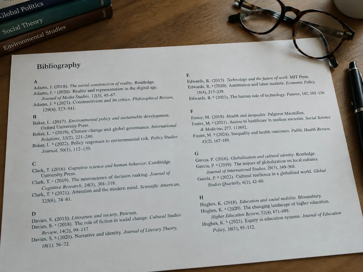 Lista de referencias bibliográficas ordenada alfabéticamente con letras correlativas para diferenciar publicaciones del mismo autor y año