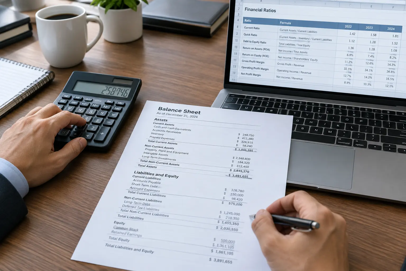 Contador revisando manualmente el cálculo de razones financieras de un estado financiero antes de validar un análisis apoyado en inteligencia artificial