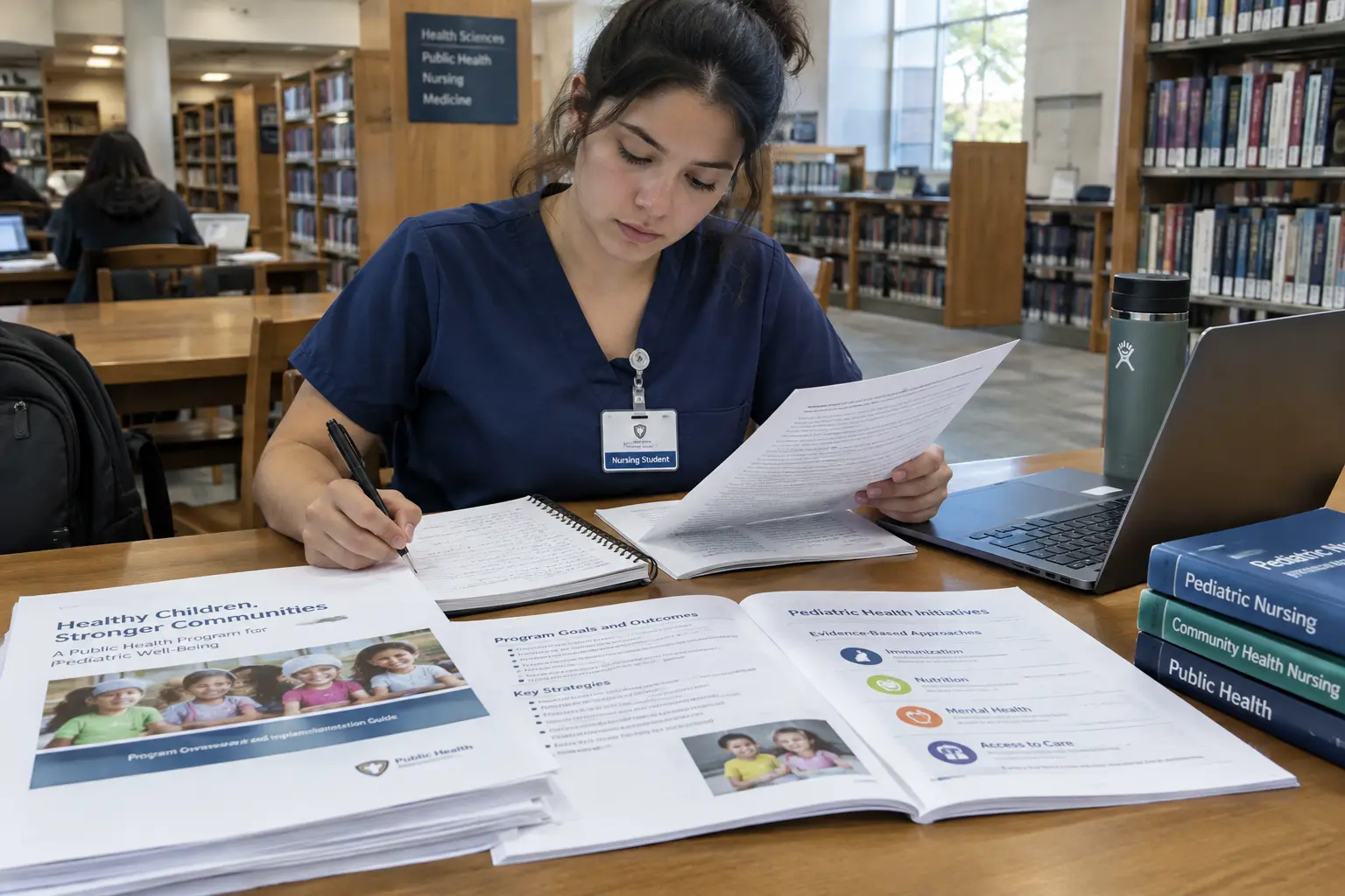 Estudiante de enfermería revisando registros de programas de salud pública para definir el tema de su tesis
