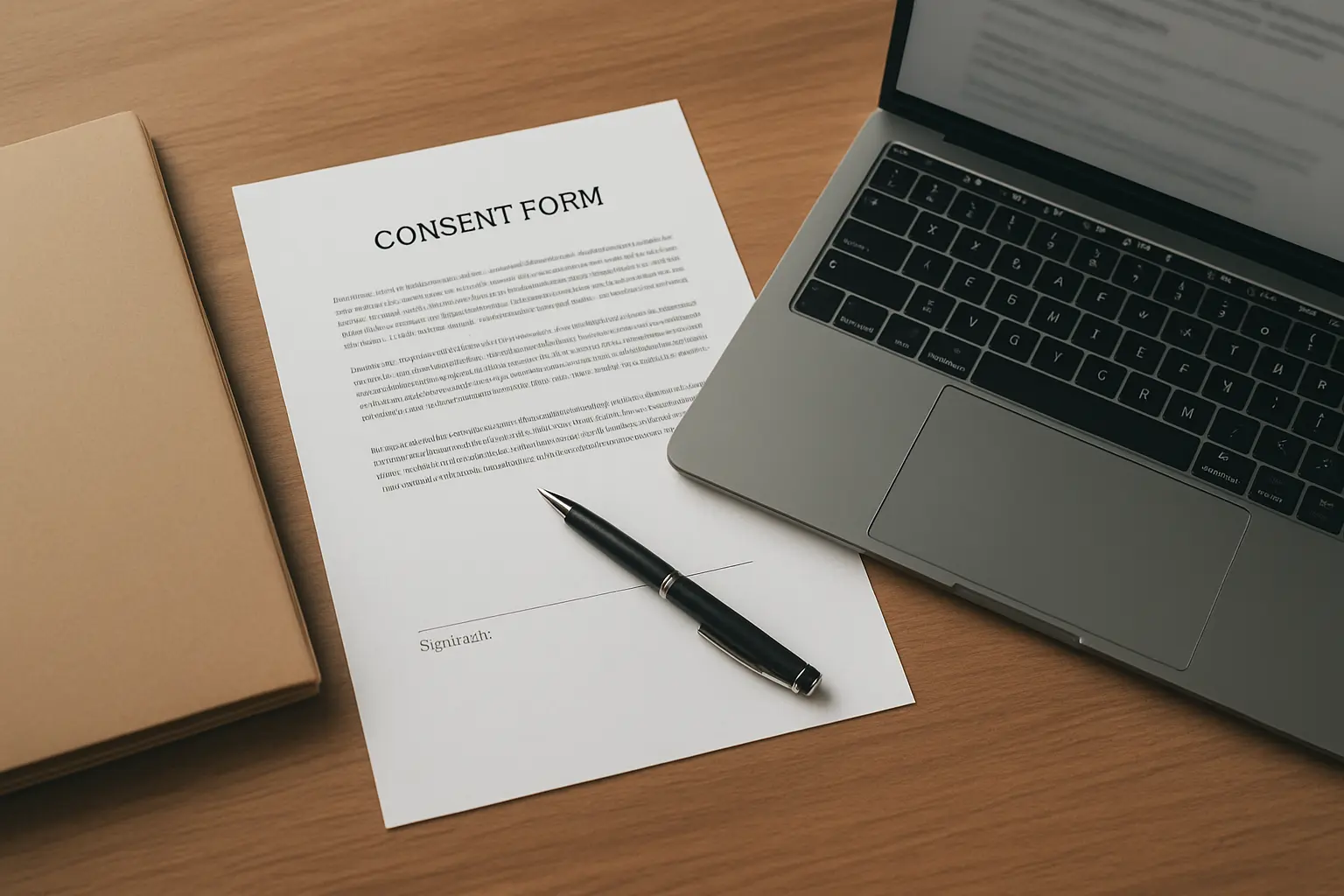 Formulario de consentimiento informado y carpeta de aprobación de comité ético científico sobre un escritorio universitario