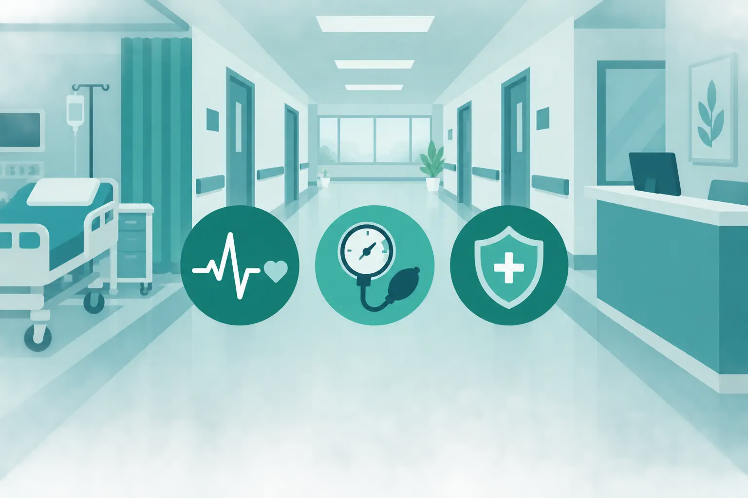 Ilustración de un pasillo hospitalario con íconos de presión arterial, pulso y escudo de seguridad