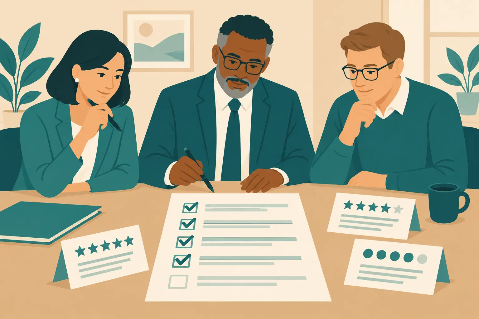 Ilustración de un panel de expertos evaluando un cuestionario con tarjetas de calificación
