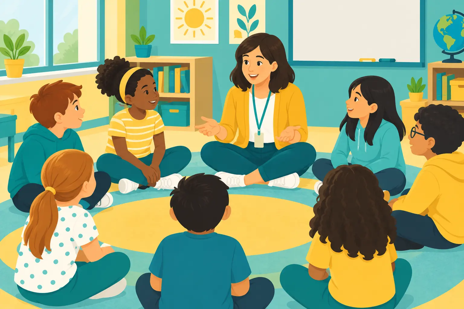 Ilustración de estudiantes y una docente conversando en círculo en una sala de clases