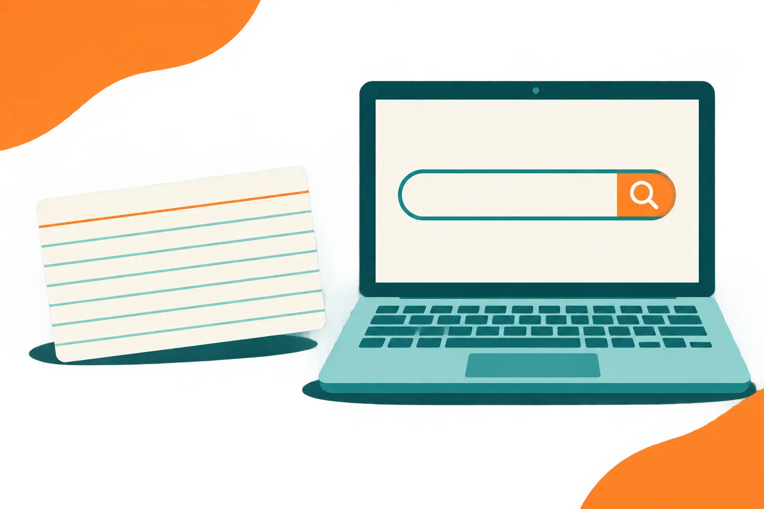 Ilustración de una ficha de cita y un computador con una barra de búsqueda