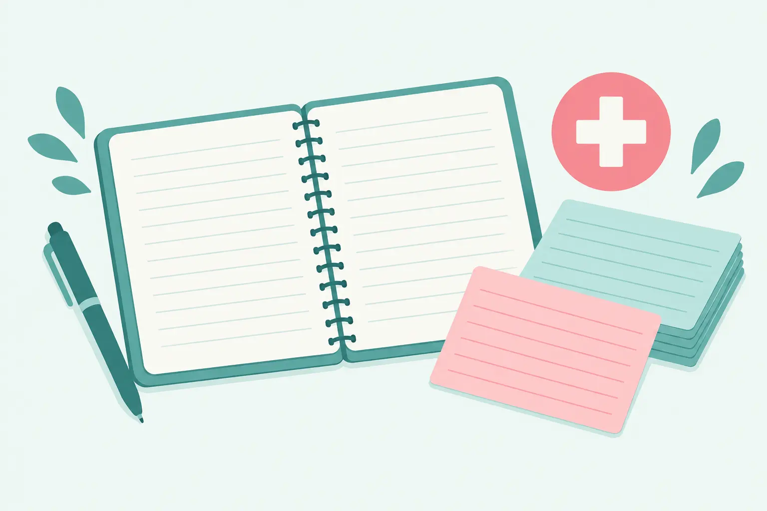 Ilustración de un cuaderno abierto con tarjetas de definiciones y una cruz médica