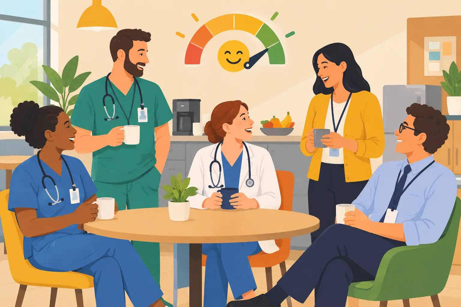 Ilustración de trabajadores conversando en una sala de descanso con un indicador de satisfacción