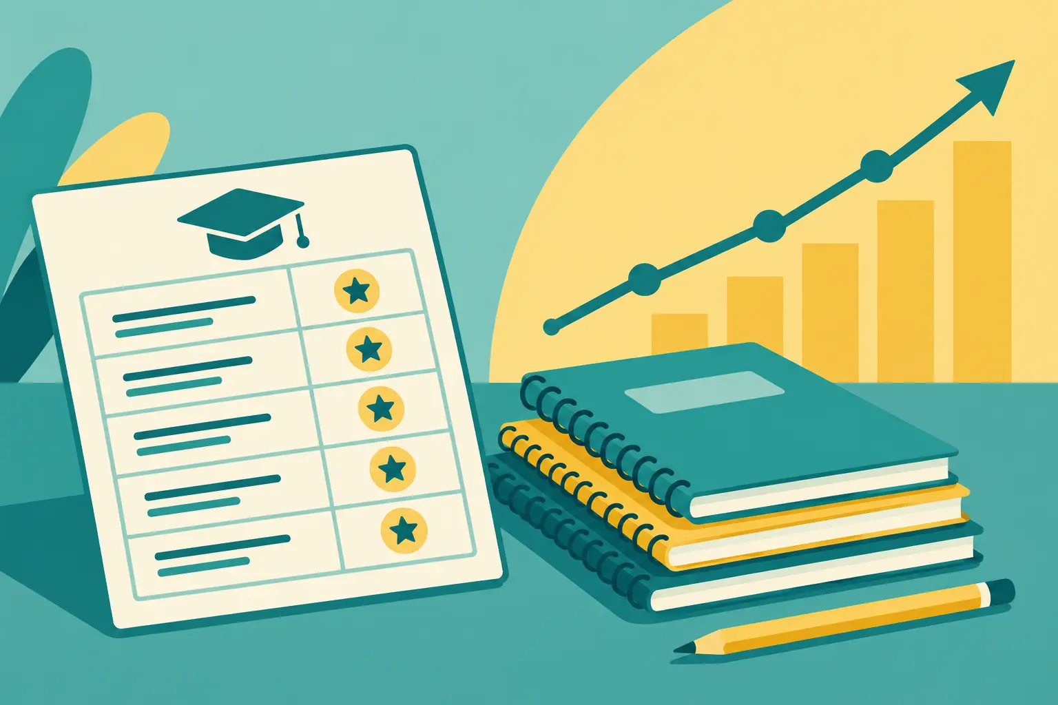Ilustración de notas y gráfico de rendimiento académico de estudiantes