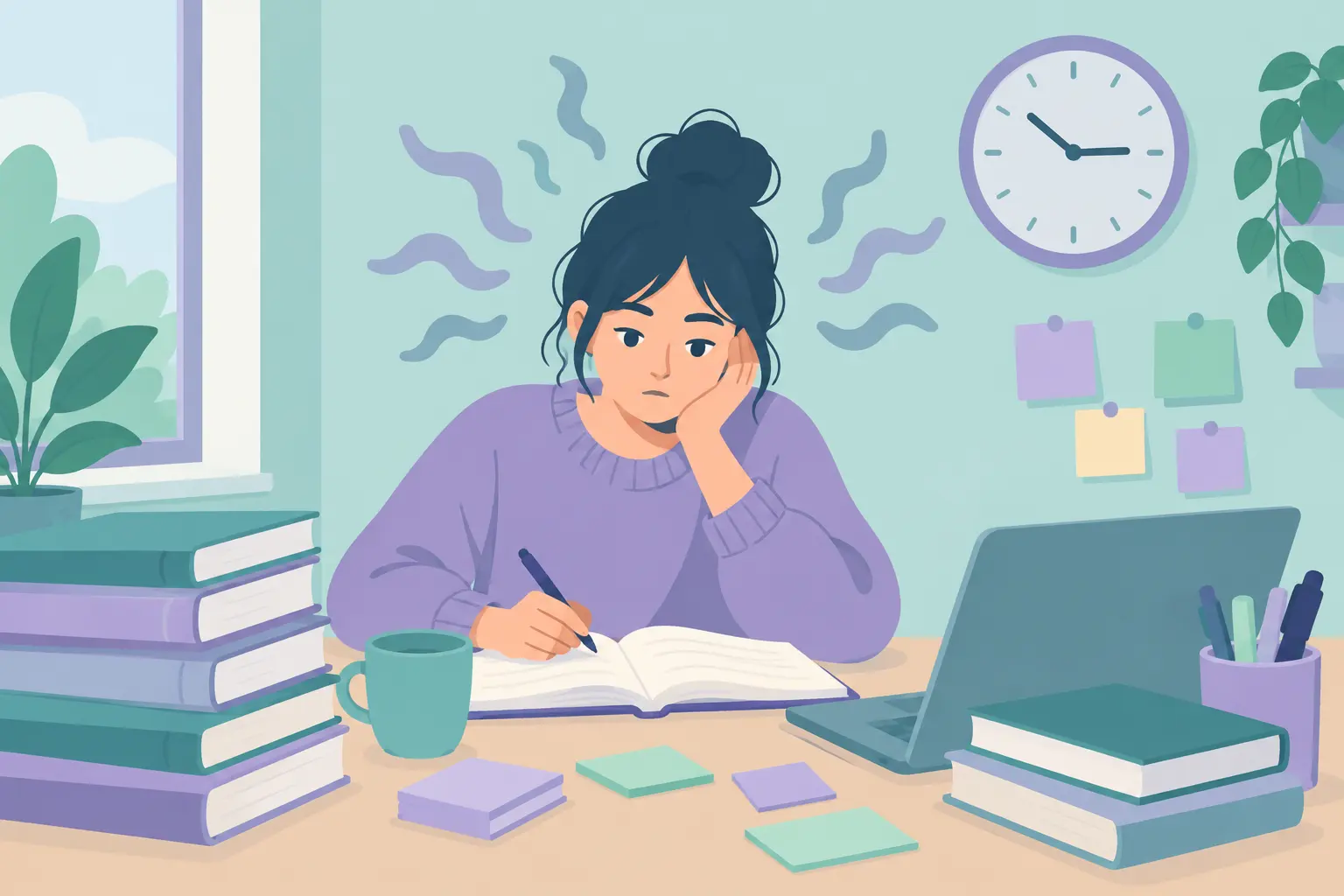 Ilustración de un estudiante universitario con carga académica en su escritorio