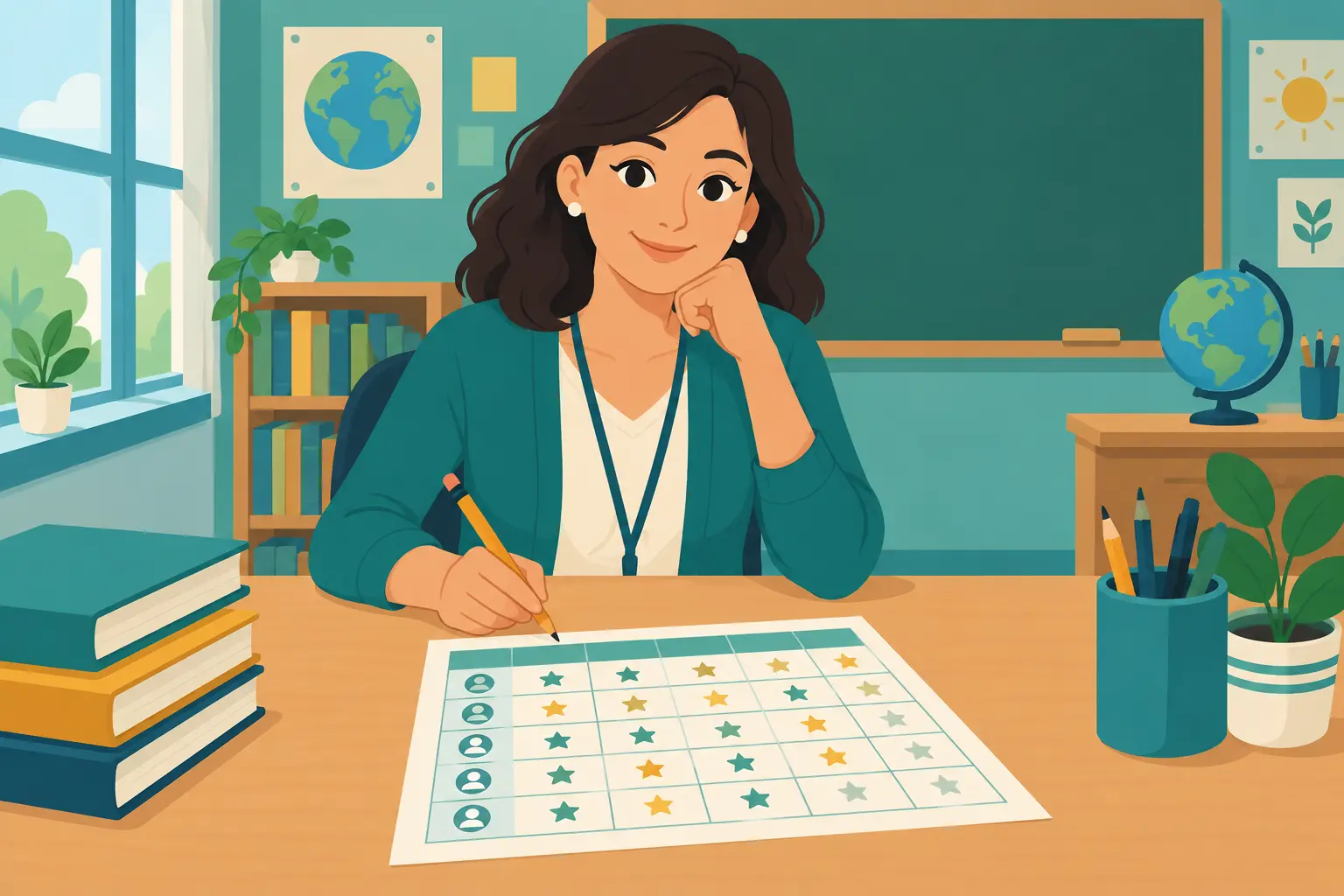 Ilustración de una docente completando una matriz de validación de un instrumento