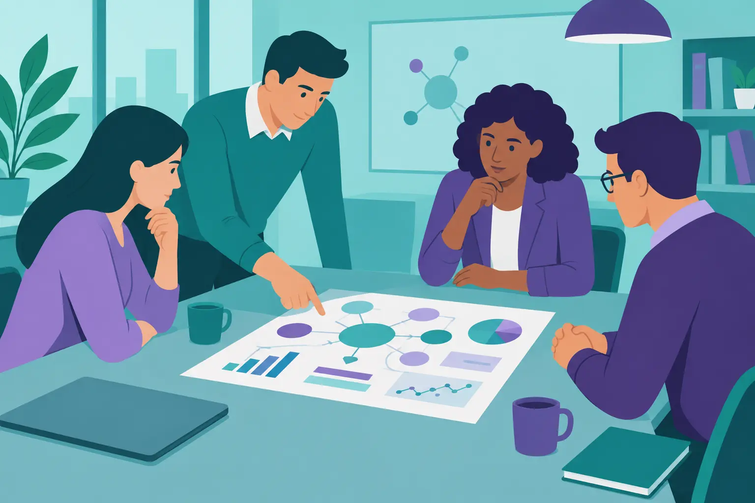 Ilustración de un equipo revisando un diagrama de investigación impreso sobre una mesa